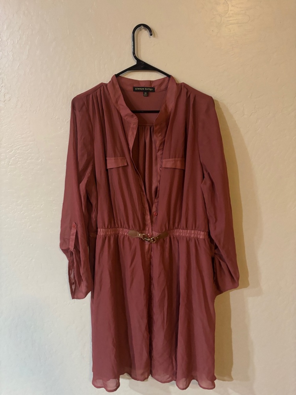 Almost Famous Mauve Long-Sleeve Belted Shirt Dress